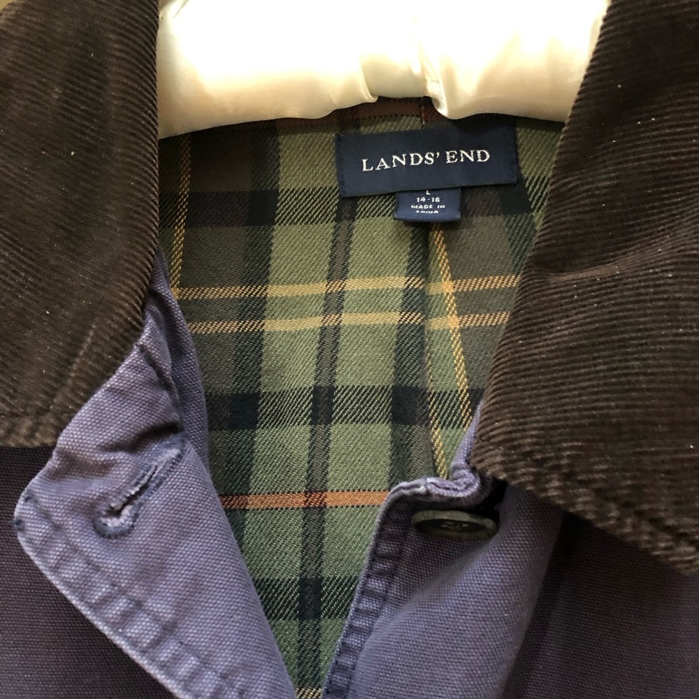 Lands' End Blue Barn chore Coat Flannel Plaid Lined Jacket Corduroy Large 14-16 - Picture 6 of 12